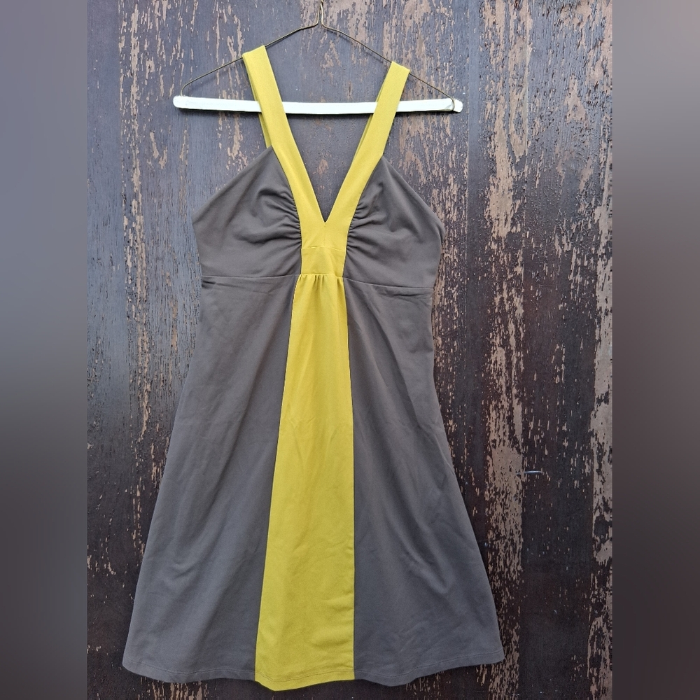Brown and Yellow V-Neck Dress